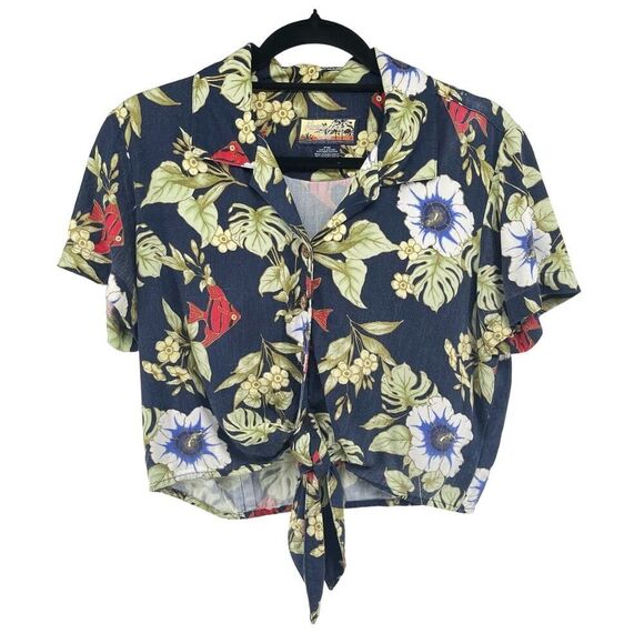 Havana Jack’s Cafe Tropical Hawaiian Floral Tie-Front Short Sleeve Crop Top M - Picture 1 of 7